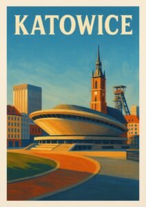 Vintage travel poster of Katowice, Poland, featuring the Spodek Arena with modern architecture and city skyline in warm sunlight