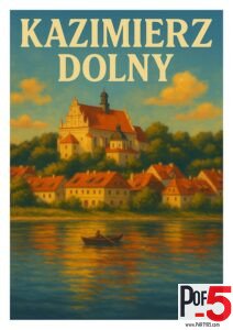 Vintage travel poster of Kazimierz Dolny, Poland, showing a person rowing a boat on the Vistula River beneath historic hillside buildings and a church at sunset