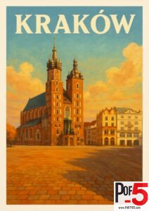 Vintage travel poster of Kraków, Poland, featuring St. Mary’s Basilica on the Main Market Square under a golden sky