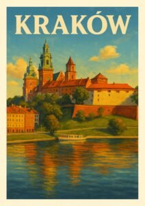 Vintage travel poster of Kraków, Poland, showing Wawel Castle and Cathedral above the Vistula River with warm sunlight and vivid reflections