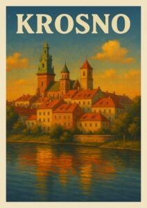 Vintage travel poster of Krosno, Poland, featuring the historic old town skyline with red rooftops, church towers, and riverside reflections at sunset