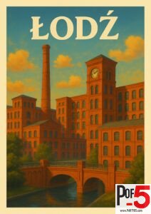Vintage travel poster of Łódź, Poland, showcasing red-brick industrial architecture with a tall factory chimney and clocktower at sunset