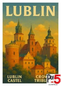 Vintage poster of Lublin, Poland, featuring Lublin Castle, Crown Tribunal, and historic church towers in warm evening light
