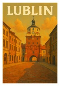 Vintage travel poster of Lublin, Poland, showing the historic Kraków Gate in warm sunset tones with classic old town streets