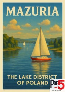 Vintage poster of Mazuria, the Lake District of Poland, showing sailboats on a peaceful lake surrounded by lush green trees and rolling hills