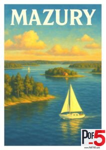 Vintage travel poster of Mazury (Masurian Lakes), Poland, showing sailboats on blue lakes surrounded by forested islands at sunset