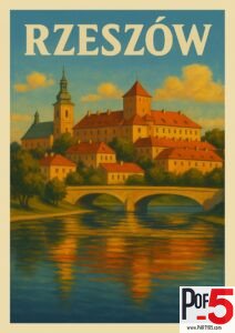 Vintage-style travel poster of Rzeszów, Poland, featuring a historic castle with red rooftops, a church tower, and arched stone bridge reflected in a calm river