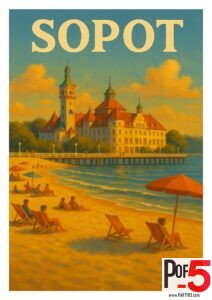 Vintage-style travel poster of Sopot beach in Poland with people relaxing on lounge chairs, umbrellas, and a grand building by the sea