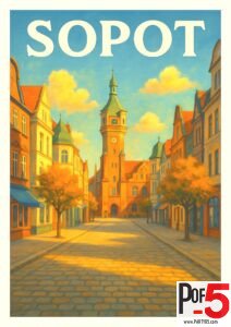 Charming vintage-style travel poster of Sopot, Poland featuring historic architecture, cobbled streets, and a central clock tower at sunset
