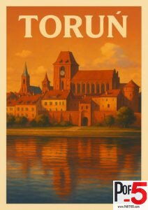 Vintage poster of Toruń, Poland, depicting the historic Old Town and Gothic cathedral reflected in the Vistula River at sunset