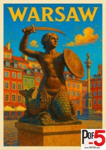 Vintage travel poster of the Mermaid of Warsaw statue in Old Town Market Square with colorful townhouses and the Sigismund’s Column in the background