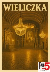 Vintage travel poster of the Wieliczka Salt Mine in Poland featuring the underground Chapel of St. Kinga with salt chandeliers and carvings