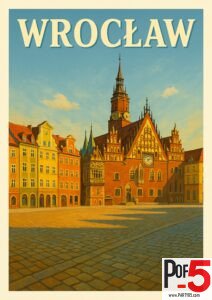 Vintage poster of Wrocław, Poland featuring the historic Gothic Old Town Hall and colorful Market Square buildings in warm sunlight