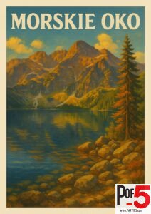 Vintage travel poster of Morskie Oko in Poland, featuring a tranquil mountain lake surrounded by rocky peaks and a pine tree in the foreground