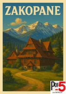 Vintage travel poster of Zakopane, Poland featuring a traditional wooden chalet and the snow-capped Tatra Mountains in the background