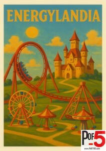 Whimsical vintage poster of Energylandia amusement park in Poland with roller coaster, fairground rides, and a fairytale castle in the background