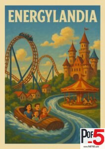 Vintage-style poster of Energylandia amusement park in Poland with roller coasters, water rides, castle, and carousel