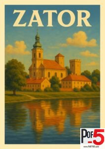 Vintage-style travel poster of Zator, Poland, showing a historic church with towers reflected in a calm river