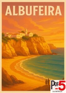 Romantic vintage travel poster of Albufeira, Portugal, showing golden cliffs, a quiet beach, and a sunset sky
