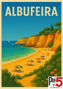 Vintage Albufeira Portugal travel poster showing a sunny beach with colorful umbrellas, golden cliffs, and turquoise sea