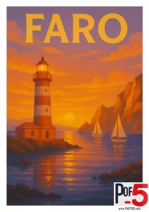 Vintage Faro Portugal travel poster featuring a lighthouse at sunset with sailboats and coastal cliffs
