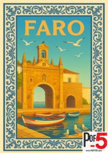 Vintage-style poster of Faro, Portugal showing the Arco da Vila archway, fishing boats, seagulls, and ocean in a traditional Portuguese design