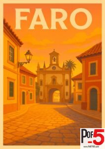 Vintage Faro Portugal travel poster featuring the Arco da Vila in the Old Town at golden hour