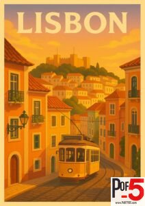 Vintage Lisbon travel poster featuring Tram 28 winding through colorful streets with São Jorge Castle in the background at sunset