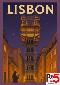 Illustrated vintage Lisbon travel poster showing the Santa Justa Lift at night with golden lights and purple sky