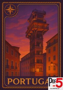 Vintage travel poster of Portugal showing the Santa Justa Lift in Lisbon at sunset with warm purple and orange tones