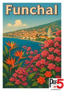Colorful vintage travel poster of Funchal, Madeira with coastal townscape, lush tropical flowers, and hillside rooftops overlooking the Atlantic Ocean
