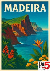 Vintage Madeira Portugal travel poster with dramatic Atlantic cliffs and tropical flowers