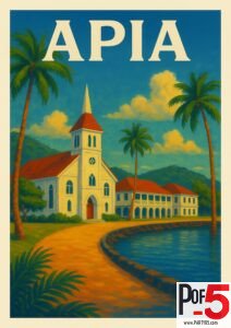Vintage travel poster of Apia, Samoa, featuring a white church with red roof, palm trees, and a waterfront path at sunset