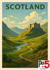 Vintage travel poster of the Scottish Highlands with a castle on a hill, winding river, green valleys, and mountains in the background