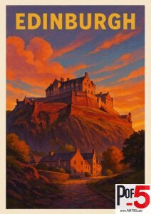 Vintage-style travel poster of Edinburgh Castle in Scotland at sunset, with historic stone houses and dramatic sky