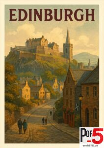 Vintage travel poster of Edinburgh featuring Edinburgh Castle, cobblestone streets, historic stone houses, and people walking through Old Town at dusk