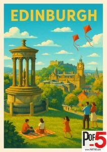 Vintage-style travel poster of Edinburgh from Calton Hill during daytime, featuring families, kites, Dugald Stewart Monument, Balmoral Clock Tower, and Edinburgh Castle