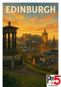 Vintage-style travel poster of Edinburgh cityscape from Calton Hill at sunset, with Dugald Stewart Monument and Balmoral Clock Tower