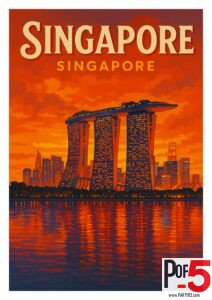 Retro-style travel poster of Singapore featuring Marina Bay Sands and city skyline at sunset