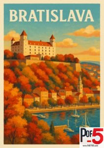 Vintage-style travel poster of Bratislava, Slovakia, with Bratislava Castle, colorful autumn trees, and the Danube River