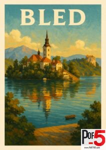 Retro travel poster of Lake Bled, Slovenia, featuring the iconic church on Bled Island with mountain and lake reflections