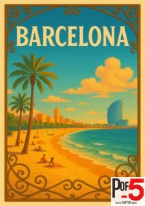 Vintage-style poster of Barcelona beach with palm trees, golden sand, and the W Barcelona Hotel by the sea under a vibrant sky