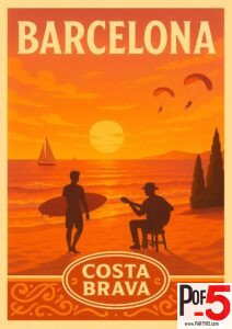 Vintage-style travel poster of Costa Brava near Barcelona showing a beach sunset, surfer, guitarist, and paragliders