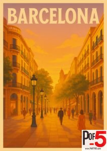 Vintage sunset travel poster of Barcelona, Spain, with people walking along a European boulevard lined with trees and historic buildings