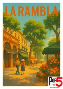 Vintage travel poster of La Rambla in Barcelona, Spain, showing a sunny promenade with boutiques, flower stands, and people walking under tree-lined streets