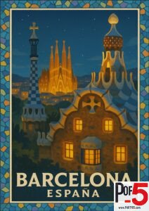Vintage-style night poster of Barcelona, Spain, showing Gaudí’s Park Güell and the illuminated Sagrada Família