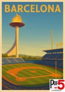 Vintage-style Barcelona poster featuring a baseball stadium and the iconic Olympic torch against a clear blue sky