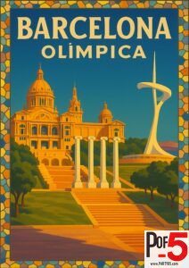 Vintage travel poster of Barcelona showing Montjuïc's Olympic Park, Palau Nacional, and Calatrava Tower in warm retro tones
