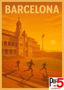 Retro-style poster of Barcelona's Olympic Stadium in Montjuïc with runners on a track at sunset