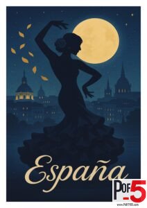 Vintage travel poster of Spain featuring a flamenco dancer silhouette under a full moon with historic Spanish architecture in the background